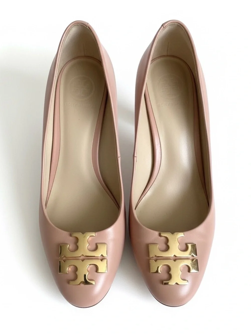 Tory Burch Raleigh Logo Pumps Blush Oak Block Heel Leather Size 5